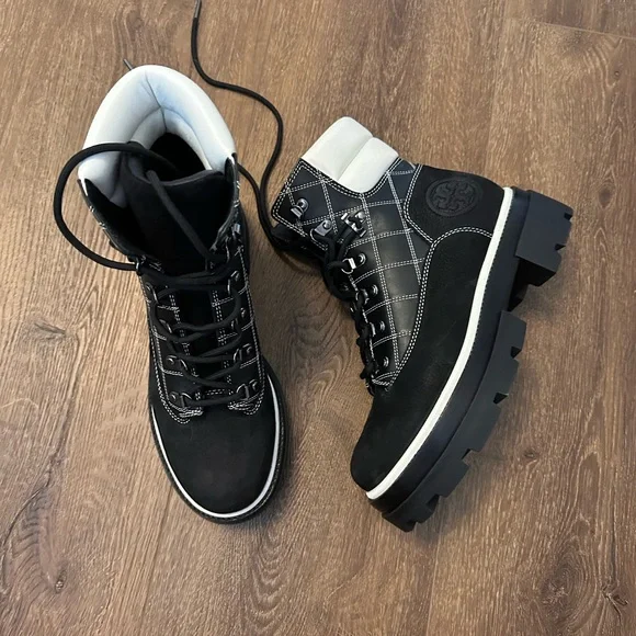 Tory Burch Miller Lug Hiking Boot with White Quilting - Picture 2 of 5